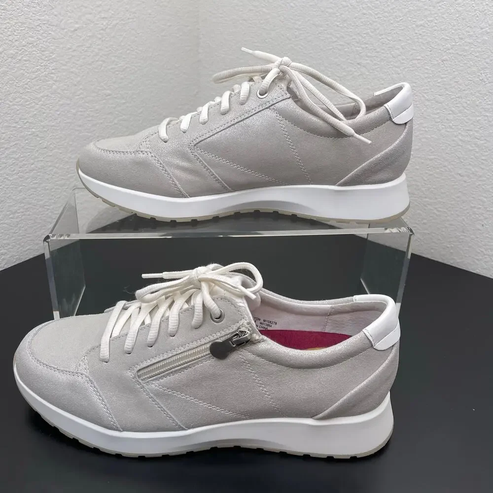 Munro Sutton Women Silver Leather Comfort Sneakers Side Zip Lace Up Shoes 11M